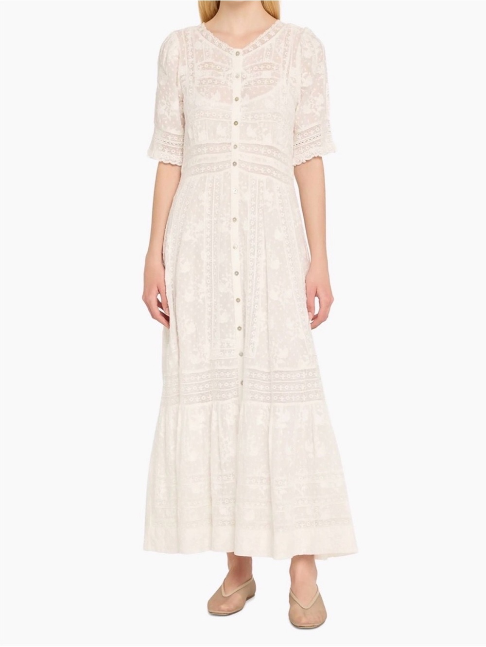 LoveShackFancy ‘Minka’ Lace Button-Front Cotton Midi Dress